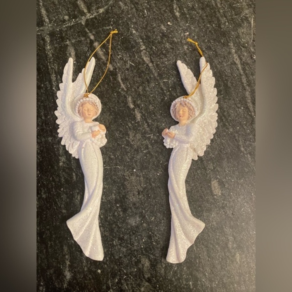 Vintage White Glitter Angel Christmas Ornament Resin Set Of 2